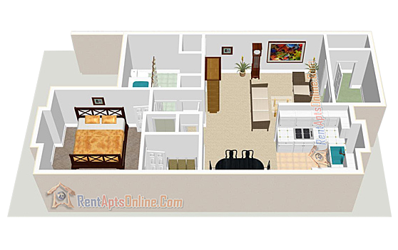3D rendering of a 1-bedroom apartment floor plan