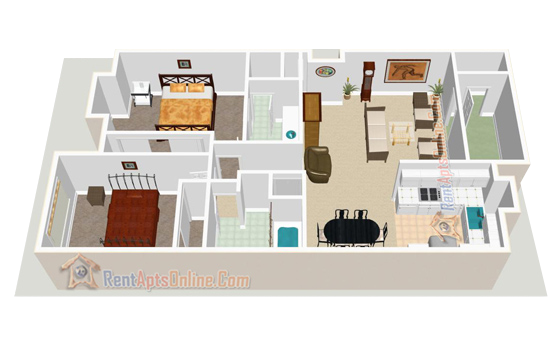 3D rendering of a 2-bedroom apartment floor plan