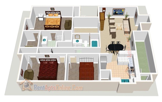 3D rendering of a 3-bedroom apartment floor plan
