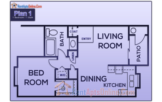 Visual schematic of the 1 Bed 1 Bath apartment layout at Sunset Springs Las Vegas