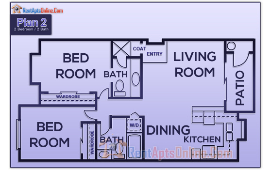 Visual schematic of the 2 Bed 2 Bath apartment layout at Sunset Springs Las Vegas