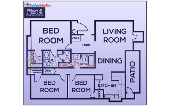 Visual schematic of the 3 Bed 2 Bath apartment layout at Sunset Springs Las Vegas