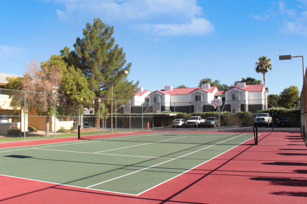 Photo of the tennis court surrounded by greenery