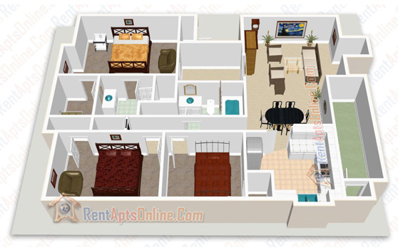 This image is the visual 3D representation of Floorplan 3 in Sunset Springs Apartments.